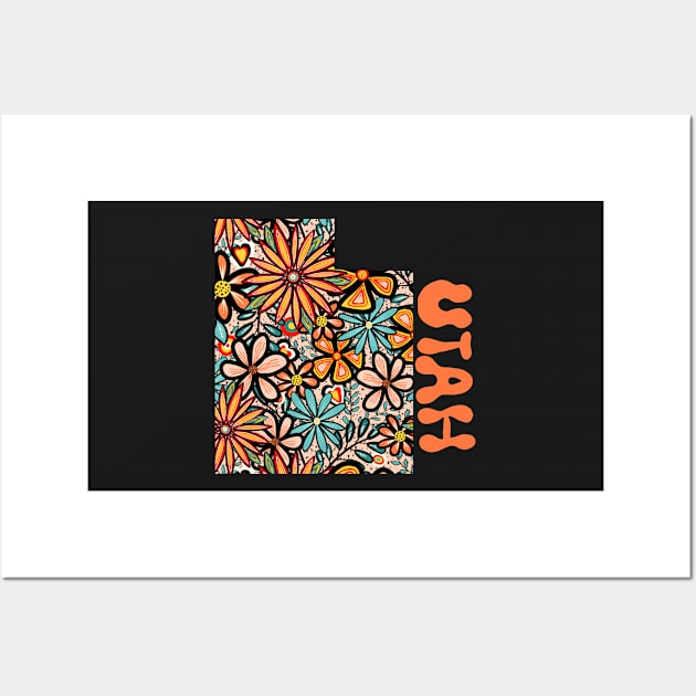 Utah State Design | Artist Designed Illustration Featuring Utah State Filled With Retro Flowers with Retro Hand-Lettering Wall Art by MarcyBrennanArt